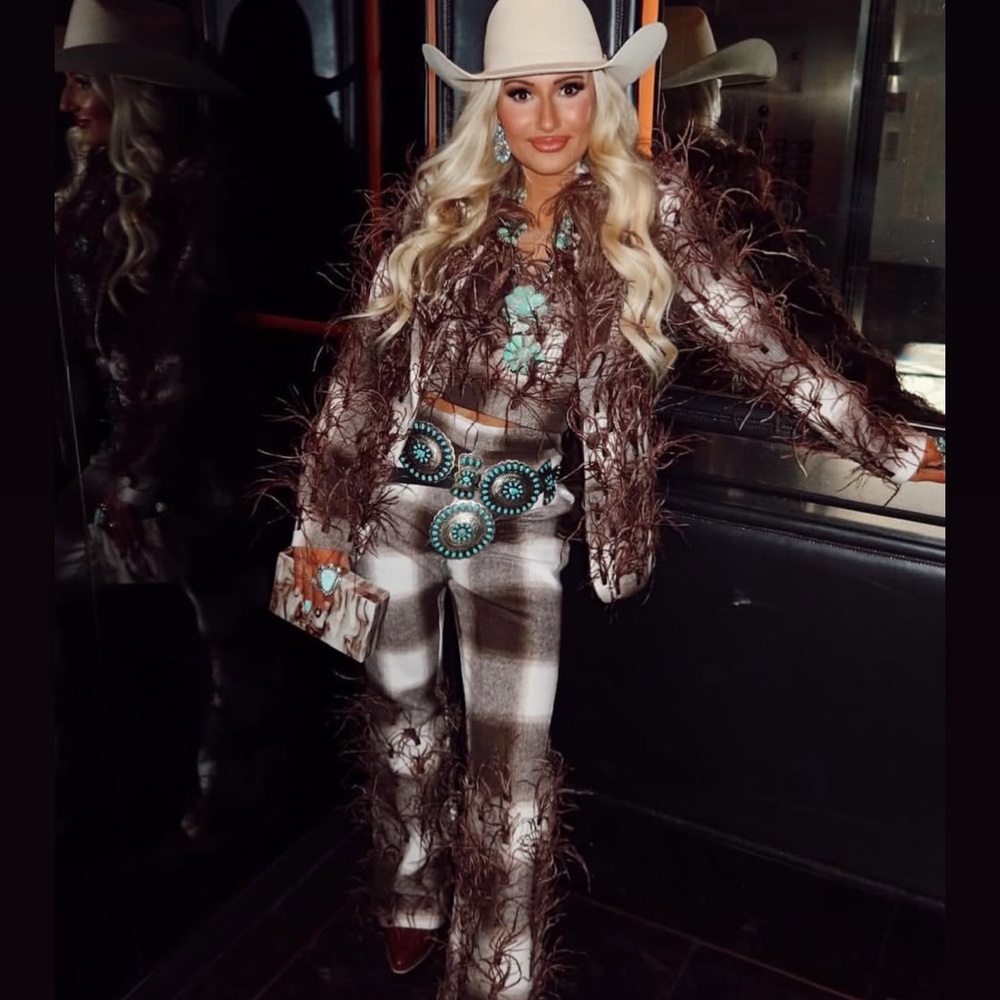 Feathered plaid 3 piece jumpsuit set brown and white
